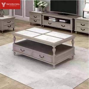 Table basse de style américain de luxe, table basse en bois massif avec tiroirs en ardoise blanche, table d'angle de rangement pour le salon - Product Image 4