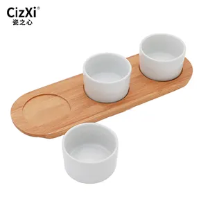 Nice design high quality white ceramic nuts and candy dishes set with wooden tray for daily use