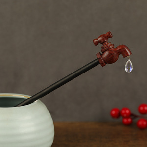 Creative faucet sandalwood hairpin, new Chinese retro style, unique and quirky sandalwood updo <b>hair</b> <b>accessory</b> - Product Image 2