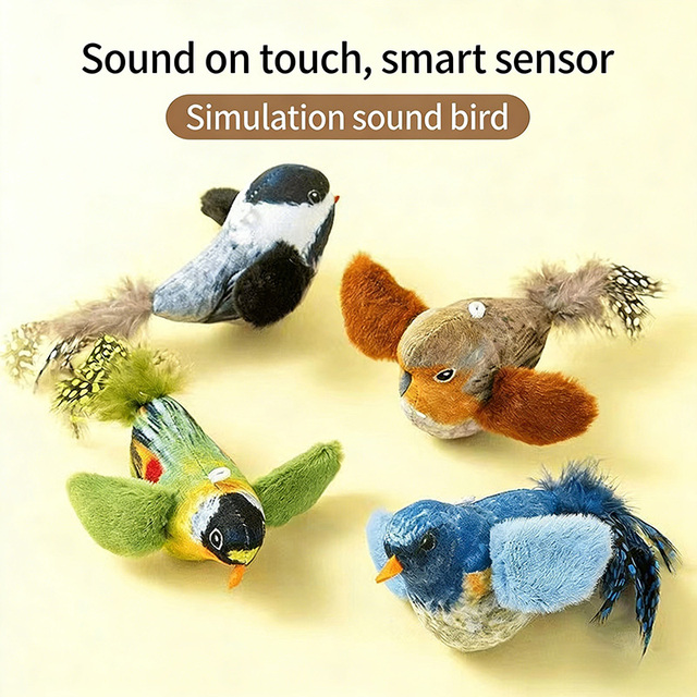 Touch Sensitive Sound Bird Cat Toy with Built-in Catnip Interactive Cat Toy Simulated Birdcall for Hunting Instinct