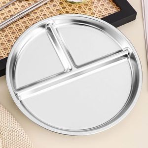 Assiette de table ronde en acier inoxydable 304 à 3 compartiments, personnalisable, vente en gros, assiettes divisées à trois grilles - Product Image 6