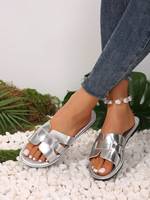 Sandales plates à découpes en argent métallisé pour femmes, style décontracté d'été, tongs de plage, logo personnalisé disponible