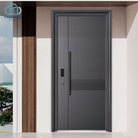 Porte d'entrée blindée à feuille unique à bandes verticales zonées, avec cadre carré et poignée, pour résidence moderne auto-construite