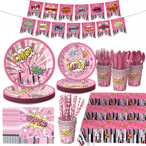 Meilleures ventes : Ensemble de fournitures pour fête d'anniversaire sur le thème des bandes dessinées roses avec vaisselle Pop Art pour la décoration de fête de fille - Product Image 2