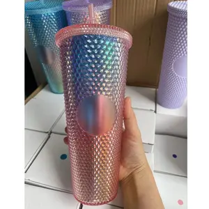 Vaso frío de plástico de 24oz y 710ml con logotipo personalizado, vaso de diamante reutilizable sin BPA con pajita para fiestas, bodas