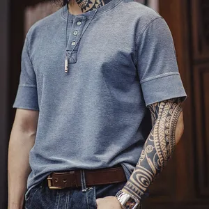 Maden Retro Og Knitted Denim Henley Shirt For Men Water Wash Old-Fashioned Tough-Guy Short-Sleeved Men's Summer Oversized Tshirt