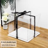 Boîte d'emballage de gâteaux en plastique Transparent, 2 niveaux, couvercle Transparent carré, ruban de 4 6 8 pouces, boîte à gâteaux haute