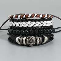 4PCS Poker Ace of Spades Bracelet en cuir tressé en bois PU pour hommes Vintage Wood Beads Fashion Male Brassard