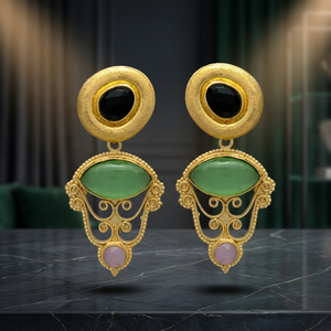 New Arrival Gold Tone Ethnic Designer Drop <b>Earrings</b> with <b>Black</b> Onyx Gemstone Precious Metal Alloy for Wedding Engagement Party - Product Image 2