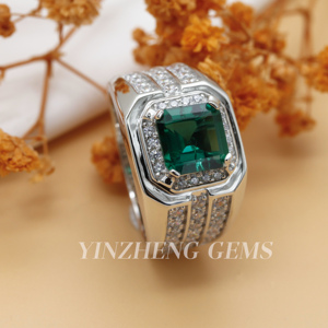 Yinzheng 925 Bạc Trang Sức 8*8Mm Phòng Thí Nghiệm Grown Emerald & Cubic Zirconia Bạc Nhẫn Cho Nam Giới Đồ Trang Sức Mỹ - Product Image 5