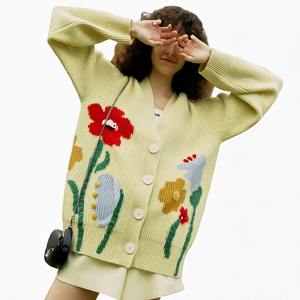 Cárdigan de punto con bordado floral para mujer, suéter con cuello en V, corte holgado, ropa exterior informal - Product Image 1