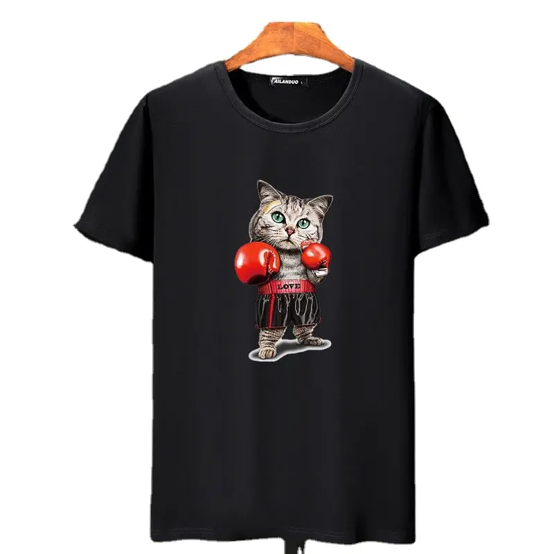 T-shirt d'été manches courtes pour hommes, à col rond, surdimensionné, en coton, avec chat mignon, vente en gros, collection 2020