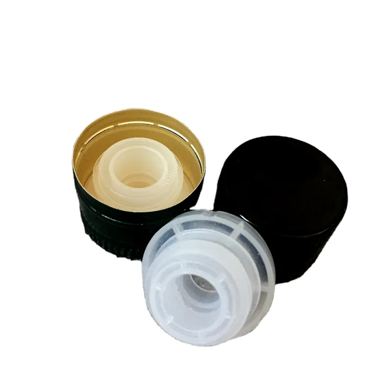 غطاء ألمنيوم أسود اللون لزجاجات زيت الزيتون مقاس 31.5*24 مم غطاء ألمنيوم غير قابل لإعادة الملء مع بطانة بلاستيكية