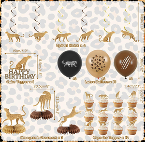 Décorations de fête d'<span class=keywords><strong>anniversaire</strong></span> sur le thème du guépard : bannière joyeux <span class=keywords><strong>anniversaire</strong></span>, serpentins, spirales, décorations de cupcakes, décorations de gâteaux, ballons, centre de <span class=keywords><strong>table</strong></span> en nid d'abeille, nappe - Product Image 6