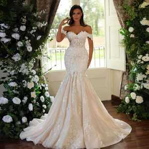 Abiti da Sposa Personalizzati con Spalle Scoperte, Stile Sirena, con Applicazioni in Pizzo, Boho, Linea A, con Strascico - Product Image 6