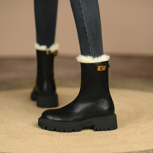 Cialisa <span class=keywords><strong>marrone</strong></span> vera <span class=keywords><strong>pelle</strong></span> inverno caldo pelliccia scarpe da donna nero grosso tacco medio stivali da neve conciso signore stivaletti corti alla caviglia - Product Image 2