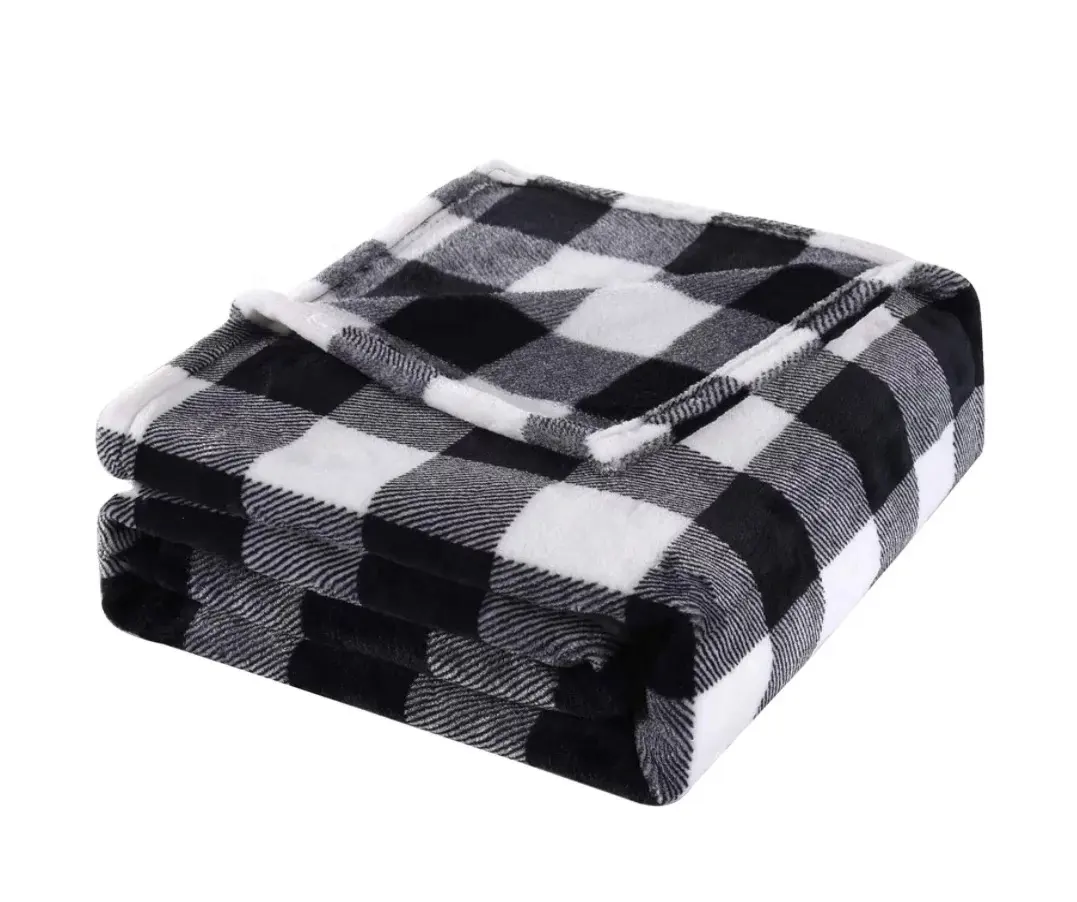 China printed plaid single layer 100%polyester super soft flannel fleece checked black and white blanket