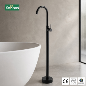 Polished Black Freestanding Bathtub Faucet Gooseneck Tub Filler Floor Mounted Single Handle Thermostatic Brass Ceramic Valve - Product Image 1