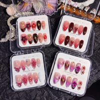 Faux ongles à presser faits main, dorés scintillants, forme amande moyenne française, courbés, couvrance totale, en PMMA texturé 3D, 10 pièces