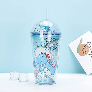 แก้วน้ำน่ารัก ลายไดโนเสาร์ สำหรับฤดูร้อน ขนาด 500 มล. พร้อมฝาโดมแบบมีกลิตเตอร์ และหลอดดูด - Product Image 6