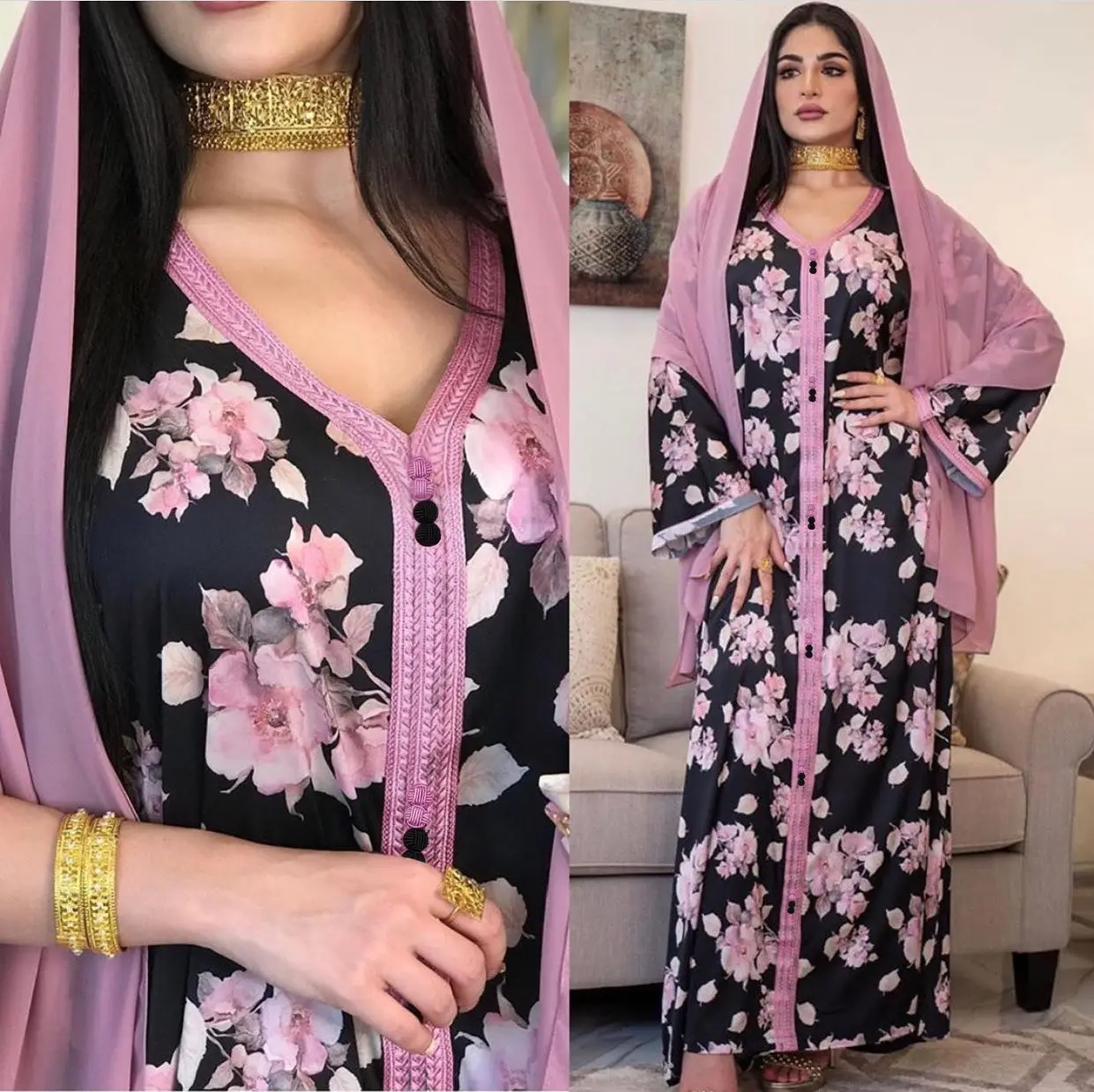 Moslim Kind Ouder-Kind Print Losse Jurk Voor Ramadan Eid Jalabiya Moslim Abaya