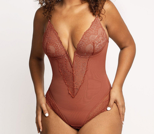 Kadınlar derin <span class=keywords><strong>V</strong></span> boyun Bodysuit üst <span class=keywords><strong>v</strong></span>ücut dantel Bodysuit Shapewear seksi şekillendirici sutyen ile - Product Image 1