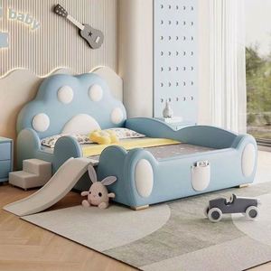 Girls Cute Cat Paw Princess Daybed <b>with</b> <b>Slide</b> Guardrail Cotton Upholstery Wooden Full Comfortable Modern Minimalist Bedroom Kids - Product Image 2