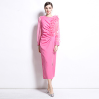 Robe fourreau élégante pour femme, mi-longue, col rond, manches longues, tissée unie, antistatique, infroissable, lavable, avec décoration florale et fente plissée