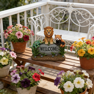 Statua da Giardino con Cartello di Benvenuto per Animali |   Statuetta in Resina di <span class=keywords><strong>Leone</strong></span>, Panda Rosso e Camaleonte per Decorazioni da Esterno |   Ornamento da Giardino Impermeabile - Product Image 3