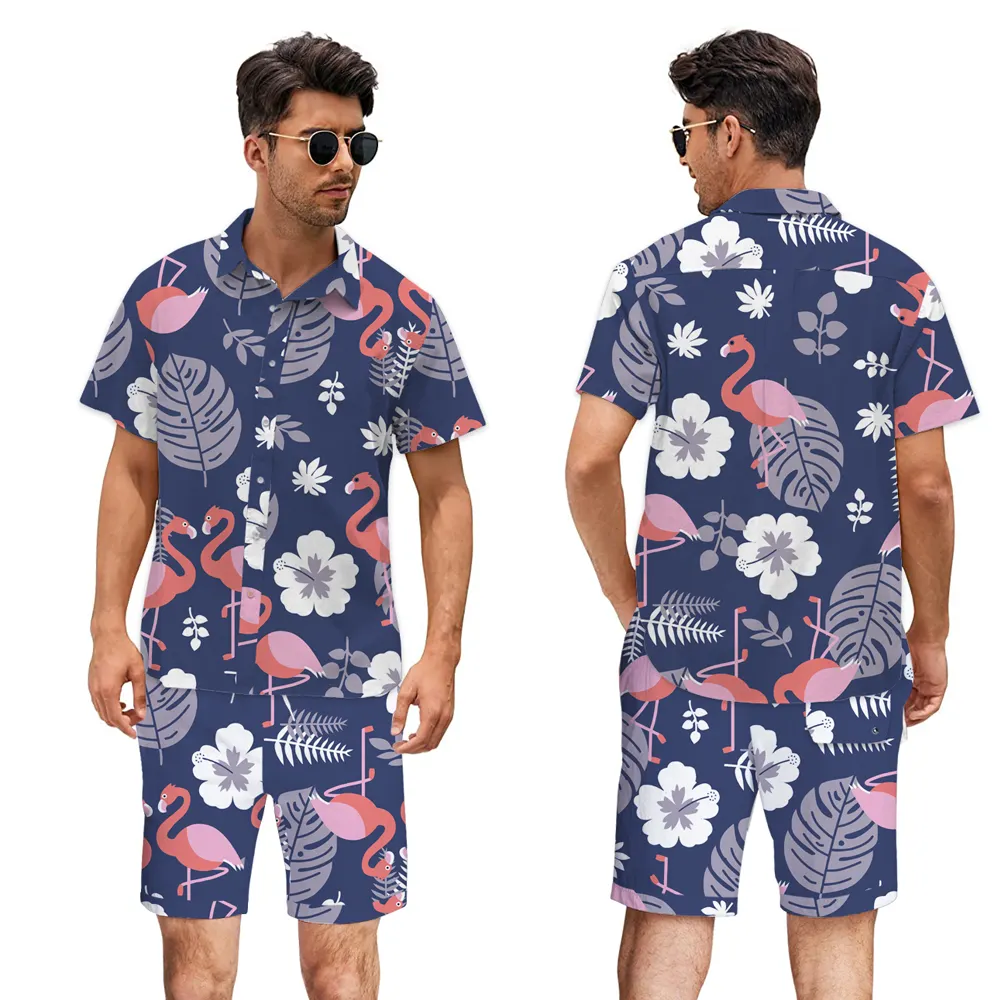 चाओकी ब्रांड थोक उच्च गुणवत्ता हवाई शर्ट कस्टम हॉलिडे प्रिंटिंग पुरुषों पुष्प शर्ट और लघु सेट