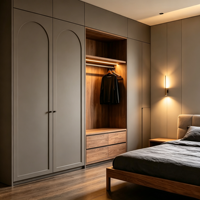 Armoire sur mesure intégrée avec portes en verre MDF, miroir LED, tiroirs, tringle à vêtements, meubles pour chambre, hôtel, villa