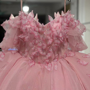 LSBB43 Modern Pink <b>Glitter</b> Beading Lace Crystal Natural Waistline Sweetheart Appliqued Flower Quinceanera <b>Ball</b> Gowns Dress - Product Image 4