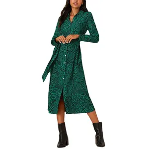 Belted Long Sleeve Ladies Midi Dress For Women Clothing Manufacturers Elegant Custom Logo Animal Print Lapel Shirt Dresses
