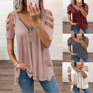 Women's Waffle <b>Zipper</b> V-Neck Off Shoulder Short Sleeve T-Shirt Solid Color Breathable Plus Size <b>Top</b> - Product Image 1