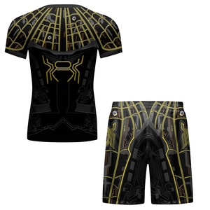 Vente en gros de compression <span class=keywords><strong>Spiderman</strong></span> Rash Guard à manches courtes BJJ Jiu Jitsu Gym T Shirt MMA Boxing Shorts Set pour hommes Logo personnalisé - Product Image 2