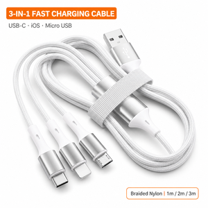 <span class=keywords><strong>สาย</strong></span><span class=keywords><strong>ชาร์จ</strong></span>เร็ว 3 in 1 2.4A USB สำหรับ iPhone, Micro USB และ Type C แบบสายถักไนลอน ความยาว 1 ม. 2 ม. 3 ม. สำหรับโทรศัพท์ Android - Product Image 1