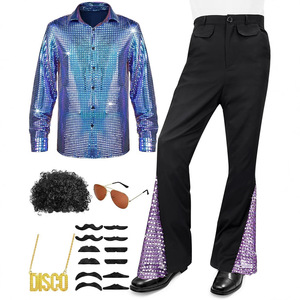Costume d'Halloween hippie des années 60 et 70, pantalon à paillettes, chemise, haut, pantalon pattes d'éléphant pour <span class=keywords><strong>homme</strong></span>, <span class=keywords><strong>tenue</strong></span> de danse disco brillante pour adulte - Product Image 4