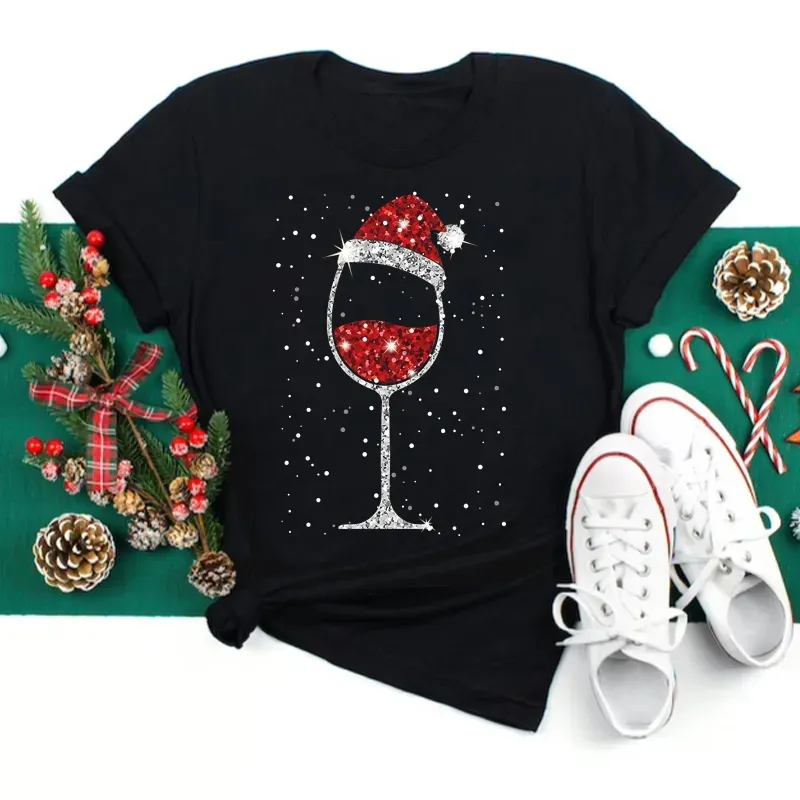 महिलाओं वाइन ग्लास क्रिसमस की टोपी काले टी शर्ट क्रिसमस उपहार कार्टून शीर्ष टी शर्ट