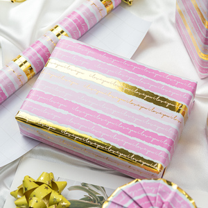 <b>Pink</b> Wrapping Paper Reversible Metallic Gold Foil Stripe Colorful Love You Letterings Gift <b>Wrap</b> for Girls Wedding - Product Image 1