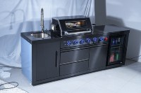Cuisine mobile professionnelle, fabrication directe en usine, barbecue extérieur robuste à 4 brûleurs, noir, SUS304, cuisine extérieure avec réfrigérateur