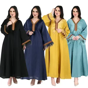 Produsen gaun maxi lengan panjang penuh untuk wanita, gaun Lebaran longgar bulu biru dongker untuk wanita