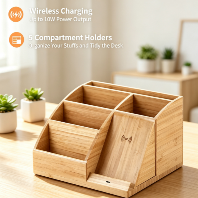 Multifunctional Bamboo Desk Organizer Built-in Wireless Charger, 5 Grid Desktop Stationery Storage Caddy for Office & Home