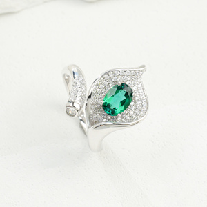Lab Created <b>Emerald</b> <b>Ring</b> 925 Sterling <b>Silver</b> Leaf Shape Open Adjustable <b>Ring</b> with Moissanite Accents for Women K - Product Image 1
