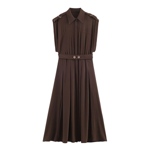 SHENZHU Vestido Midi para Mujer, Nuevo Modelo 2026, Elegante y Moderno con Cinturón, Color Marrón, Estilo Vintage, Casual, Sin Mangas, Vestidos Femeninos, Robe Mujer - Product Image 1