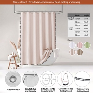 Beiger Wellenrand-Duschvorhang 210GSM Leinen-Texturierter Polyester Wasserdichter Stoff Mit Haken Maßgefertigte Größe Großhandel OEM - Product Image 2