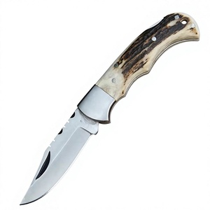 Cuchillo plegable Drop Point con hoja de acero inoxidable, borde dentado, mango de cuerno, pomo para el pulgar, para caza, cuchillos de bolsillo de Damasco - Product Image 1
