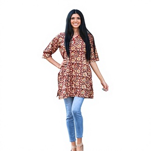 Indian Cotton Floral Printed Tunic Top With Heart Neck <b>Three</b> Quarter Sleeves Flared Hem Relaxed Fit Waist Detail For Women - Product Image 1