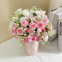 Bouquet de mini roses élégantes roses et blanches, tiges en fil pliable, centre de table de mariage, fleur artificielle, décoration de vase pour salon, vente en gros