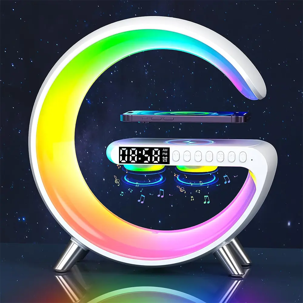 OEM Inteligente Sem Fio Bt Música Alto-falantes com G Shaped Carregador Sem Fio Lâmpada LED Wake up Light Sunrise Alarm Clock