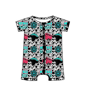 Pre-ordenar: Pelele de moda personalizado para bebés y niños pequeños, con estampado de vacas estilo <span class=keywords><strong>vaquero</strong></span> del oeste, de manga corta, elástico, con cremallera, tipo pijama corto. - Product Image 4